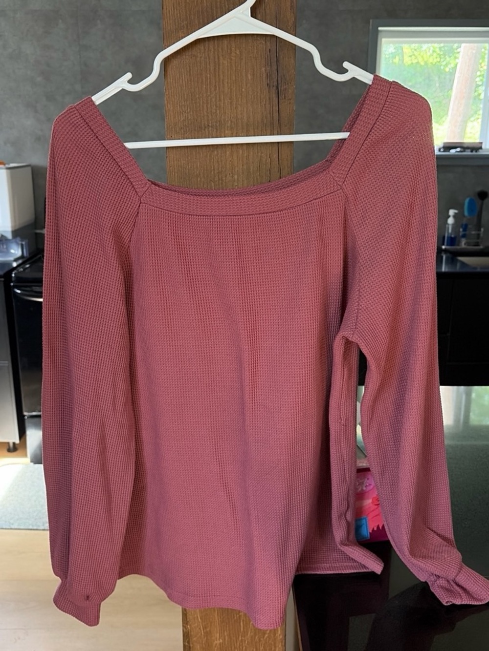 Square-Neck Waffle Long-Sleeve Top in Dusty Rose